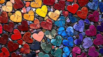 A mosaic of hearts made of colored glass photo