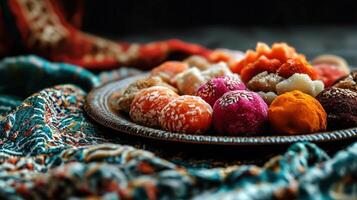 A plate filled with colorful sweets on a colorful cloth photo