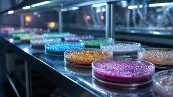 A row of glass petri dishes with different colored liquids in them photo