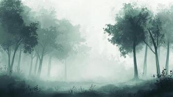 A tranquil forest is shrouded in thick fog during the early morning hours. Lush trees stand tall, creating an ethereal and mysterious atmosphere that captivates the viewer photo