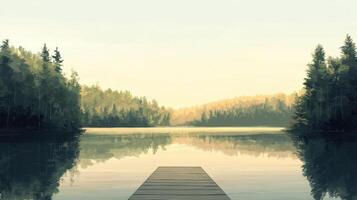 A tranquil wooden dock extends over a calm lake, reflecting the soft colors of dawn. Lush trees frame the water, creating a sense of tranquility and nature's beauty photo