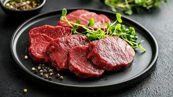Raw beef steak on a black plate photo