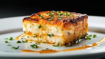 A piece of food is on a white plate with a sauce on top photo