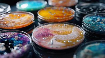 A close up of a variety of colorful liquid in petri dishes photo