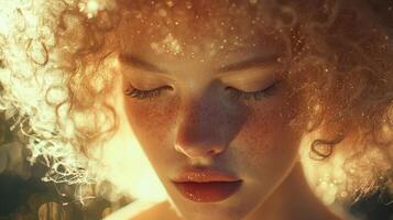 A woman with a red hair and freckles photo