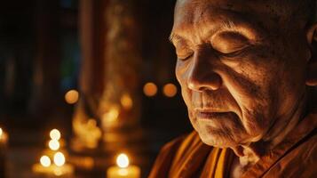 An old monk with his eyes closed in a dark room photo