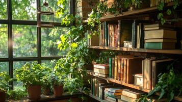 A window with books and plants on it photo
