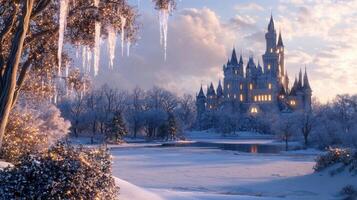 A stunning castle stands proudly against a backdrop of soft pink and orange hues as the sun sets. Snow blankets the ground, and icicles hang from branches, creating a magical winter atmosphere photo
