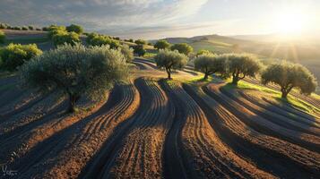 An olive grove in the countryside with the sun setting photo