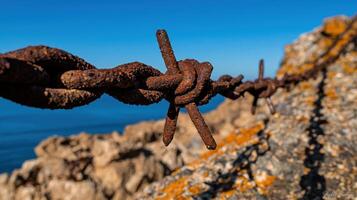 A rusty barbed wire fence with the ocean in the background photo