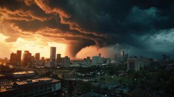 A tornado is seen over a city at sunset photo