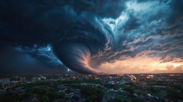 A large tornado is seen in the sky over a city photo