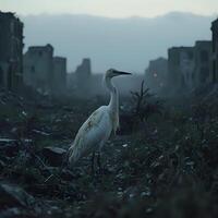 A bird standing in a field of rubble photo