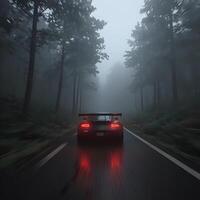 A car driving down a road in the fog photo