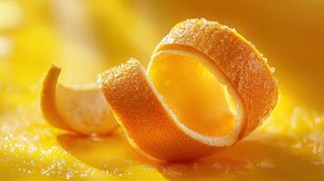 Delicate spirals of orange peel are arranged artistically atop a bright yellow surface, showcasing the zest and freshness of the fruit against a sunny backdrop photo