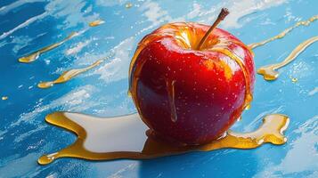 A shiny, red apple sits on a vibrant blue surface, partially submerged in a golden syrup. Honey drips off the apple, creating an enticing, sweet appearance that suggests indulgence photo