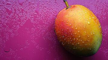 A ripe mango glistens with water droplets on its smooth skin, placed on a bright pink surface under natural light. The vibrant colors enhance the freshness of the fruit photo