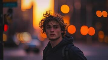 A young man with a hoodie on in the city photo