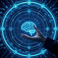 A hand holding a glowing brain on a futuristic background photo