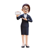 A woman in a suit holding and presenting to a smart phone with empty screen png