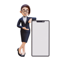 3D Woman laying and presenting on a big smart phone with empty screen png