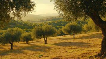 A field with trees and a hill in the background photo