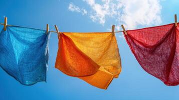 Colorful clothes hanging on a clothesline against a blue sky photo