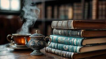 A cup of tea and a stack of books on a table in a library photo