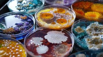 A variety of different colored flowers are in the petri dishes photo