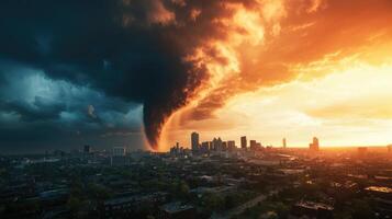 A tornado is seen over a city at sunset photo