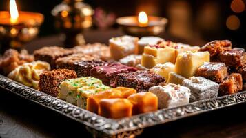 A tray of different types of desserts on a table photo