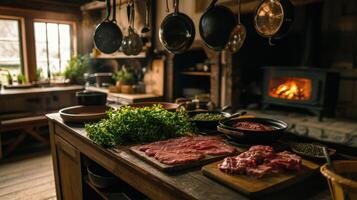 A kitchen with meat, vegetables and pots on a table photo