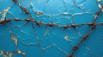 Barbed wire on a blue wall photo