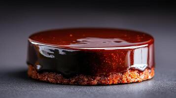 A chocolate cake sitting on top of a dark surface photo