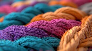 A close up of a bunch of colorful yarn photo