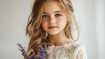 A little girl in a white dress holding a bouquet of lavender photo