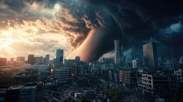 A tornado is seen over a city with buildings photo