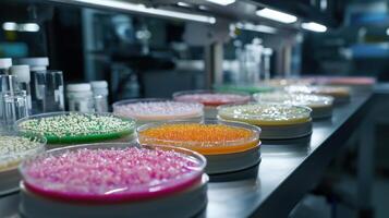 A row of colorful liquid in a lab photo