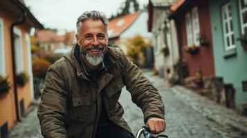 A man with a beard and a green jacket rides a bike photo
