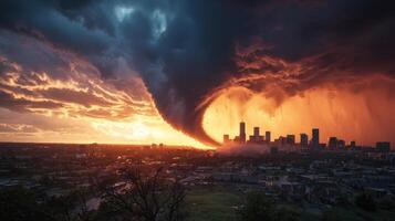 A tornado is seen over a city at sunset photo