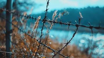 Barbed wire fence by the water photo