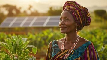 A woman in a colorful dress stands in front of a solar panel photo