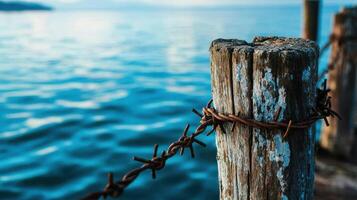 Barbed wire fence on wooden post near the water photo