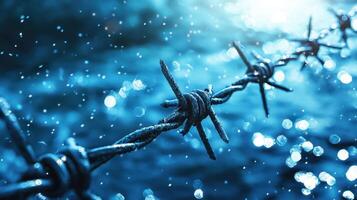 Barbed wire in the rain with water droplets photo