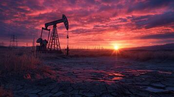 Oil pump in the desert at sunset photo