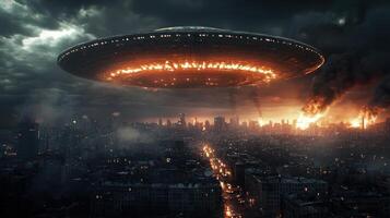 An alien spaceship flying over a city photo