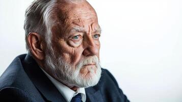 An older man with a beard and a white shirt photo