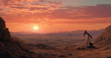 Oil pump in the desert at sunset photo