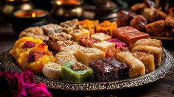 A plate of different types of sweets on a table photo