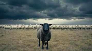 A black sheep stands in a field of white sheep photo
